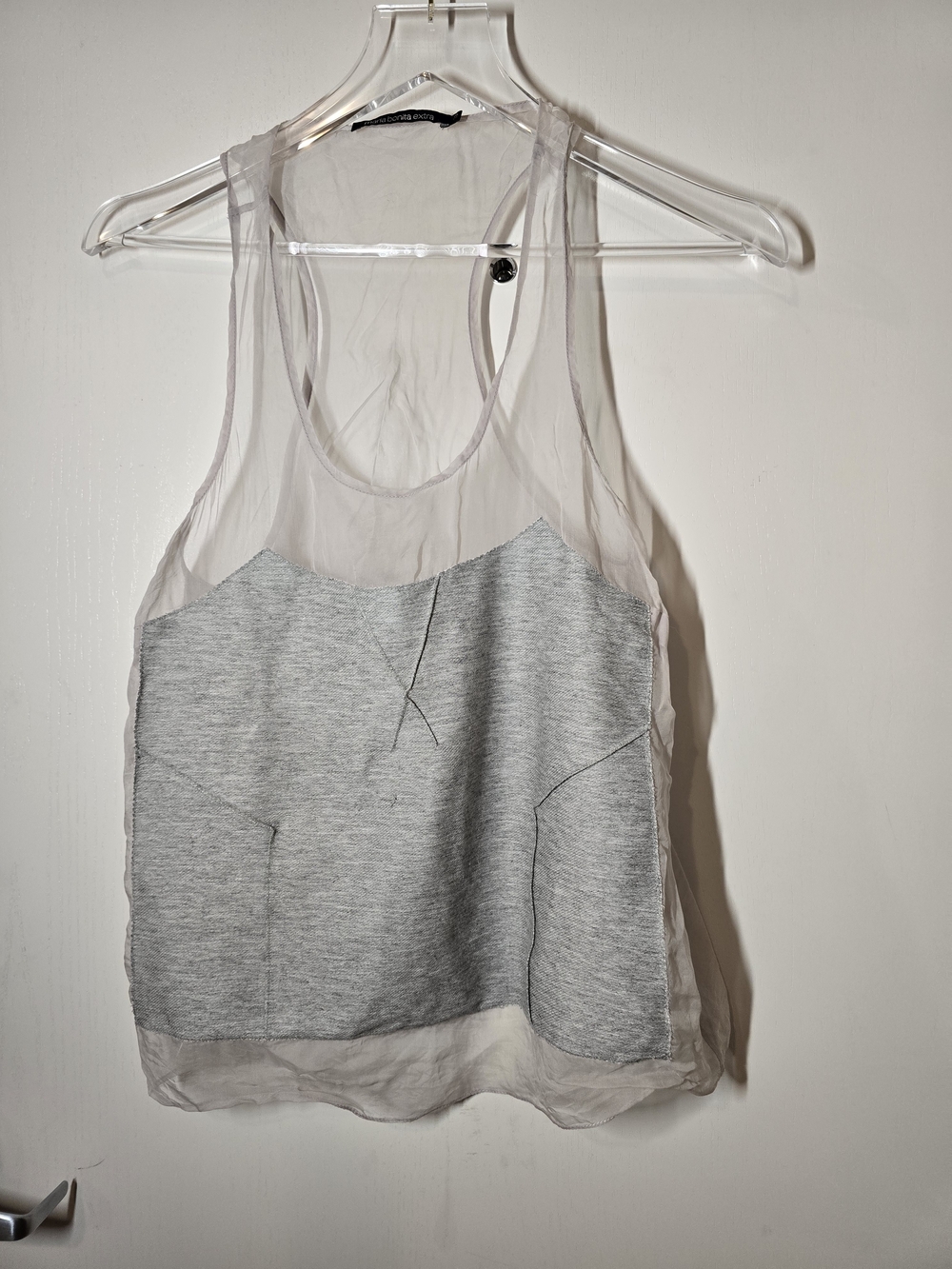 Sheer Overlay Gray Tank Top with Knit Front Panel